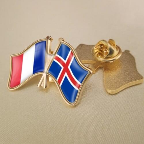 France and Iceland Crossed Double Friendship Flags Lapel Pins Brooch Badges
