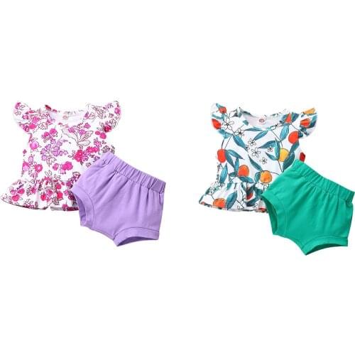 Infant Baby Girl’s T-shirt and Shorts Set Fashion Flower Print Fly Sleeve Tops and Solid Color Triangle Short Pants