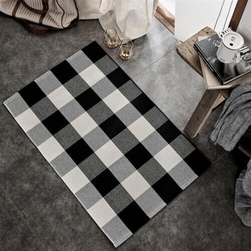 Hot Sale Woven Floor Mat Black and White Grid Non-slip Rectangle Washable Kitchen Bedside Doormat