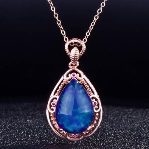 Exquisite Water Drop Pendant Necklace With Blue Crystal Cubic Zircon Elegant Vintage S925 Jewelry For Women Wedding Couple Gift