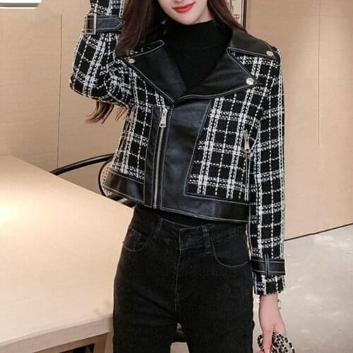 Autumn Tweed Jacket Splicing PU Leather Shows Thin Slim Women Vintage Fashion Outwear Female Celebrity Streetwear Short Coat