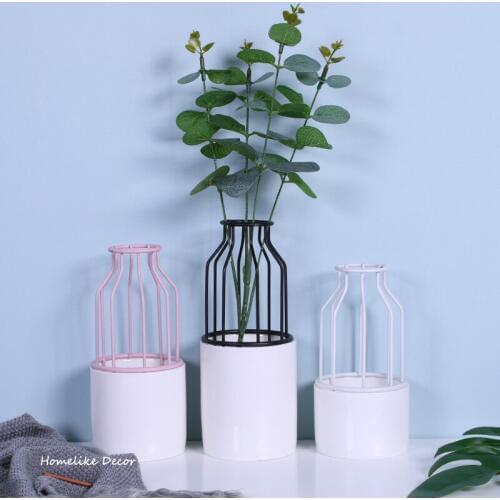 Set of 3pcs White Vases with Pink Iron Shelf Water Planting Flower Vase Home Decorative Ceramic Vase without Hole