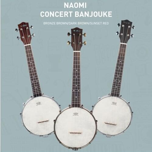 NAOMI 23 Inch Banjo 18 Frets Concert Scale 4 String Banjolele Satin Vintage Mahogany Chrome-Plated Hardware w/Carrying Bag