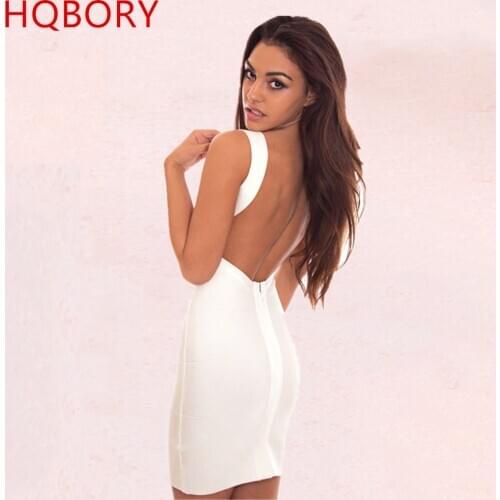 Backless White V Neck Knee Length Spaghetti Strap Elastic 2018 New Club Bandage Dresses