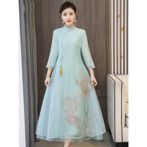 Cheongsam 2021 Spring New Ladies Long Retro Temperament China Style Dress Female Large Size Embroidered Vestidos aq017