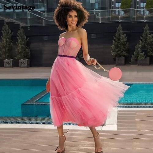 Sevintage Pink Tea Length Short Prom Dresses 2021 Sweetheart A Line Homecoming Gowns Tiered Tulle Boning Princess Evening Dress