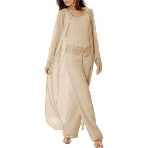 Mother of the Bride Dresses Elegant Champagne Beaded Long Sleeves 2020 Pantsuit Plus Size Wedding Party Guest Gown Dress