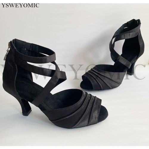 Salsa Women Dance Shoes Suede Outsole Medium Heel 7cm Black Satin Latin Ballroom Dance Shoes