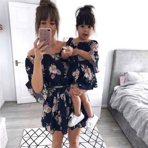 Summer Mother Daughter Off shoulder Belt dresses Floral Shorts Dress Holiday Sundress Women Girls dress Family Matching Clothes