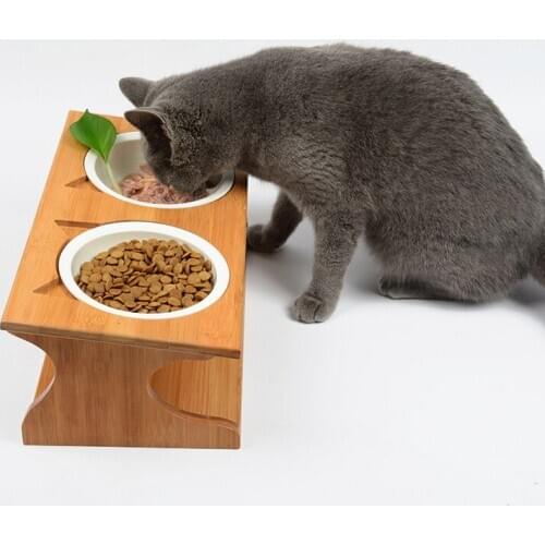 Height protection Pet Cat Bowl Dog Bowl Ceramic double Bowl Oblique Solid Wood Dining Table Simple Atmosphere Cat Supplies