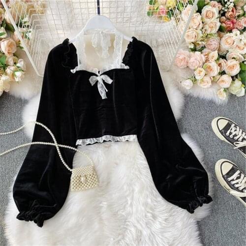 Womens T-Shirt Black Sexy Halter Lace Patchwork Short Tee for Women Casual Puff Sleeve Female Top New Fashion Autumn Winter