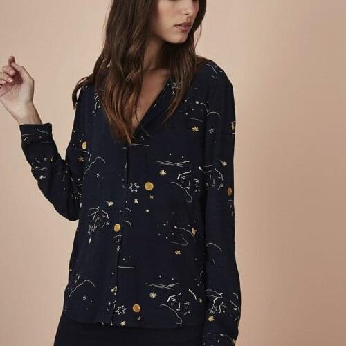 Women Shirt Starry Moon Shirt French Style Autumn Fashion Starry Moon Print Slim Suit Collar Viscose Shirt