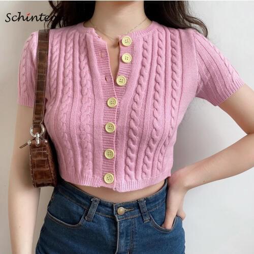 Schinteon Women T Shirt Knitted Short Top Solid O-Neck Collar Short Sleeve Cardigan Button Knitwear Fashion New