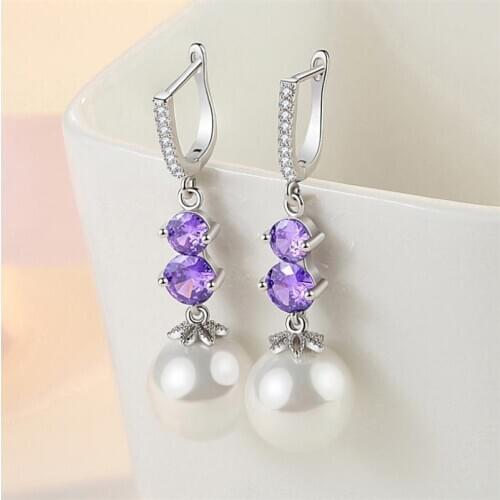 New Top Pearl Crystal Purple Drop Earrings For Women Jewelry Pure 925 Sterling Silver Earring Female Party Accessories Lady Gift