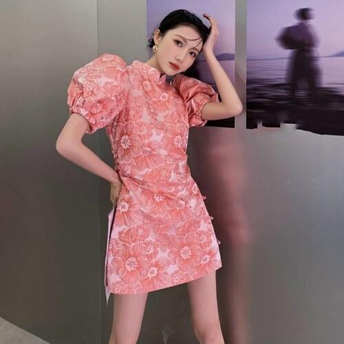 Women Printing Dress Stand Neck Short Puff Sleeve Loose Fit Female Fashion Tide Spring Autumn 2021 New Arrivals Z518