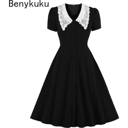 Lace Peter Pan Collar Elegant Retro Goth Party Dresses Single-Breasted Black Gothic Vintage Rockabilly Dress Women 2021 Summer
