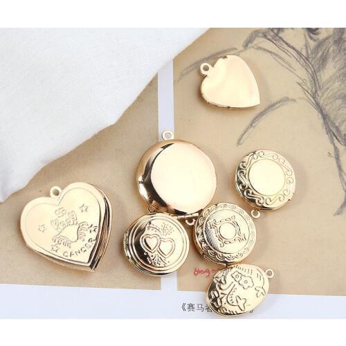14Pcs 20-30MM Mix Heart Round Shape KC Gold Alloy Box Jewelry Charms Jewellery Pendants