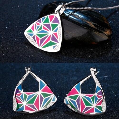 2021 Sterling Silver 925 Jewellery Sets Triangle Shape Colorful Fine Enamel Pattern Women Earrings Necklace Party Fashion Gift