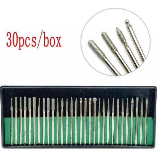 30pcs 2.35mm Shank Diamond Grinding Burs Needle Point Engraving Carving Polishing Glass Jade Stone Drill Bit Rotary Tool Set