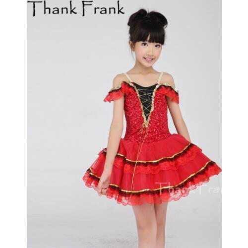 V Neck Sequin Ballet Dance Dress Girls Women Chinese Red Summer Princess Dresses Kids Adult Ruffle Sleeves Stage Costumes C482