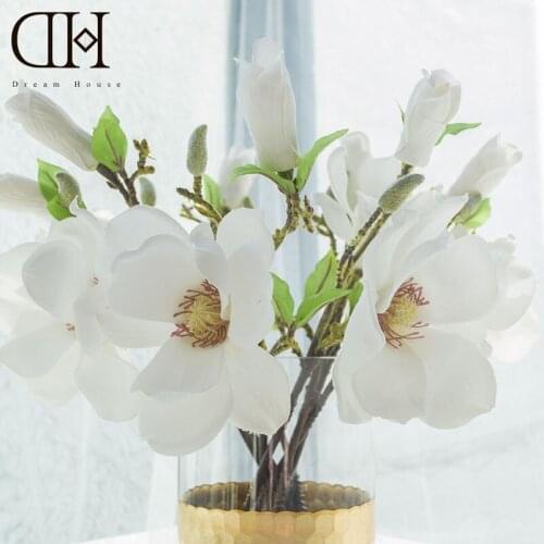 Northyle White Magnolia Artificial Flowers Fake Silk 2 Heads Orchid Flores Branch For DIY Holding Bouquet Home Wedding Deco