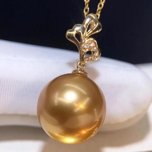 D914 Pearl Pendant Fine Jewelry Solid 18K Gold Round 11-12mm Nature Sea Water Golden Pearl Pendant Neckalces for Women Presents