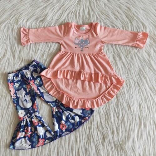 RTS baby girls fox vinyl print kids clothes fall hi-low tunic bell bottom pants sets 2pcs toddler children clothing sets NO MOQ