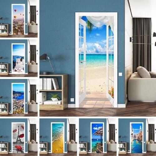 Beautiful Blue Seascape Mountain Landscape Holiday Self Adhesive 3d Door Stickers Waterproof Print Picture Renovation Home Decor