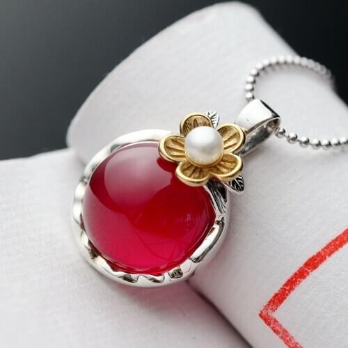 925 pure silver handmade set with red corundum Thai silver pendant ladies retro pendant