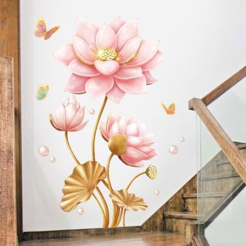 3D Flowers Wall Stickers Lotus Teenager Living Room Bedroom Bathroom Decoration Self-adhesive Wallpaper 2021 New Year Decor