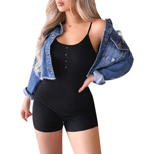 New Women Sleeveless Strap Bodycon Slim Pure Color Buttons Jumpsuit Playsuit Biker Shorts Summer Rompers One-piece Outwear