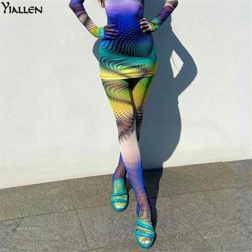 Yiallen Fall New Tie Dye Print Mesh Women Foot Leggings High Waist Skinny Pantyhose Trousers Aesthetic Pants Streetwear Outfits