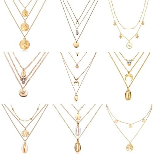 17KM Bohemian Shell Multi layer Necklaces For Women Girl Fashion Gold Sliver Color Long Moon Pendant Necklace Collar Jewelry