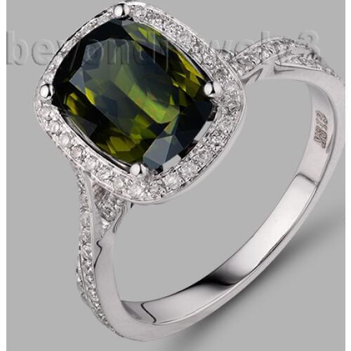 Cushion 8x10mm Solid 18Kt White Gold Natural Tourmaline Dia Vintage Ring WU265