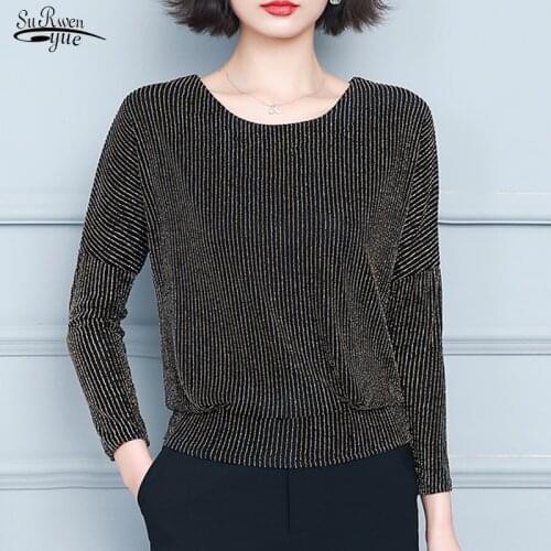 Plus Size Glitter Shirt Tops Fashion New Elegant Knitted Blouse Tunic Women Classic Black Blue Shine Women Clothing Blusas 15774