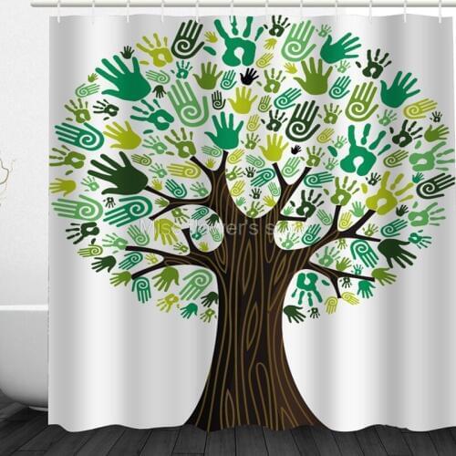 Multi-Size Abstract Green Palm Print Big Tree Design Custom Shower Curtains Bathroom Waterproof Mildew Polyester Fabric+12Hook