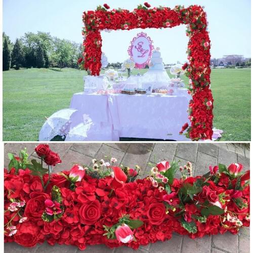Wedding Pavillion Flowers strips hot red square flower backdrop Flower Wall Wedding Decoration 4M x 24cm