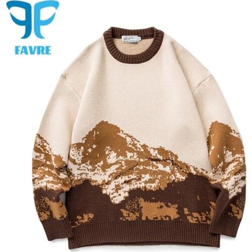 FAVRE Couple Sweaters Pullovers Vintage Snow Mountain Print Crew Neck Sweater Men Women Japanese Style Casual Loose Jumpers