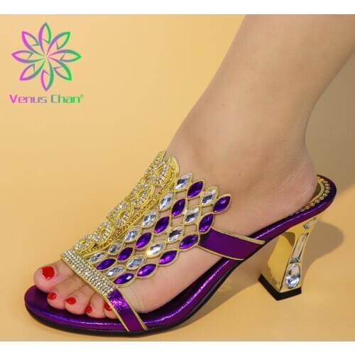 Purple Color African Women Shoes Open Toe Ladies Sandals Shoes Lady Party Wedding Shoes Decorated with Rhinestone Nigerian Shoes