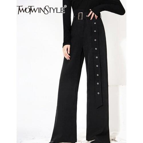 TWOTWINSTYLE Loose Black Irregular Casual Sashes Slim Pants For Women High Waist Korean Fashion Wide Leg Pant Female 2021 Autumn