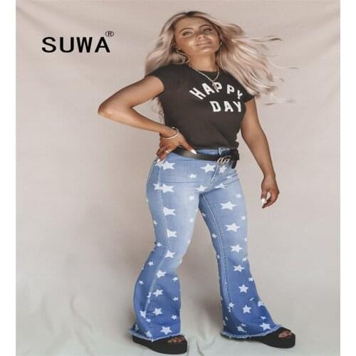 Contrast color star ptint high street fashion women pants jeans 2020 autumn high waisted bodycon denim trousers