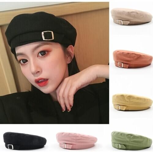 Women Girl Beret Autumn Winter Beanie Hat Cap Fashion Metal Buckle Japanese Artist Beret Hats Solid Color Elegant Octagonal Hat