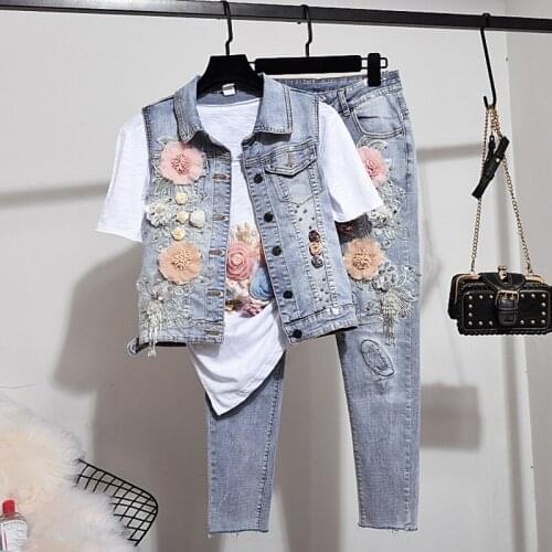 Denim 2 Piece Set Women Short Slim Flower Vest Jacket + Elastic Jeans Suit Girls Ladies Denim Pants Suit Ropa De Mujer