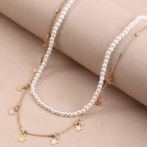 Simple Gold Color Chain Pendant Star Necklace for Women Layered Fashion Kpop Pearl Charm Choker Necklace Boho Beach Jewelry Gift