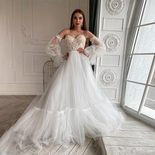 Long Sleeves Tulle Wedding Dresses 2020 A Line Lace Appliques Bridal Wedding Gowns Vestido De Noiva Back Button with Train