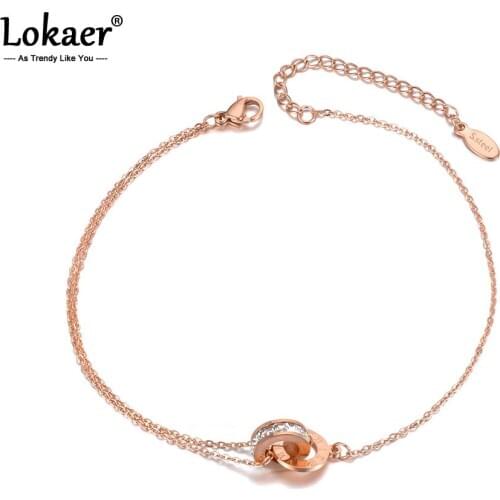 Lokaer Bohemia Beach Stainless Steel Charm Anklet Double Circle Cubic Zirconia Roman Numeral Chain Link Anklets For Women A19023