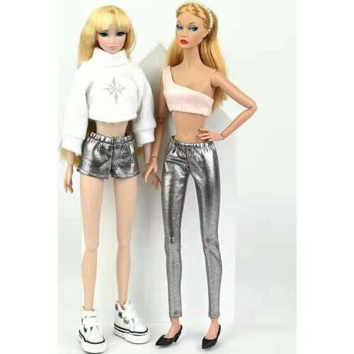 2 pairs/lot Silver Grey Elastic PU Leather Trousers Doll Clothes for Barbie Clothes Bottoms Pants Shorts 1/6 BJD Accessory Toys