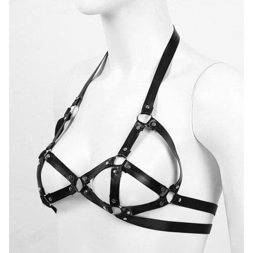 PU Leather Bra Sexy Bandage Women Halter Caged Bras Hollow Out Strappy Cups Rivets Bra Top Pole Dance Clubwear Fetish Costume