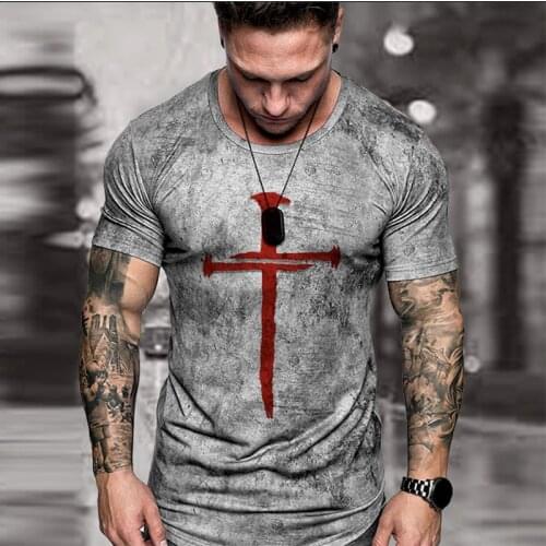 T Shirts Fashion O Neck Pullover Tops Vintage Cross Printing Slim Tees Shirt Mens Streetwear 2021 Summer Men Casual Short Sleeve