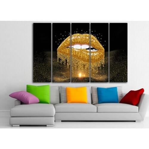 Canvas Wall Art HD Prints Gold Lips Glitter Poster Home Decoration Woman Kiss Cool Painting For Bedroom Modular Pictures Frame
